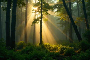 Obraz premium A mystical morning scene where sunlight pierces the mist, creating a peaceful atmosphere.