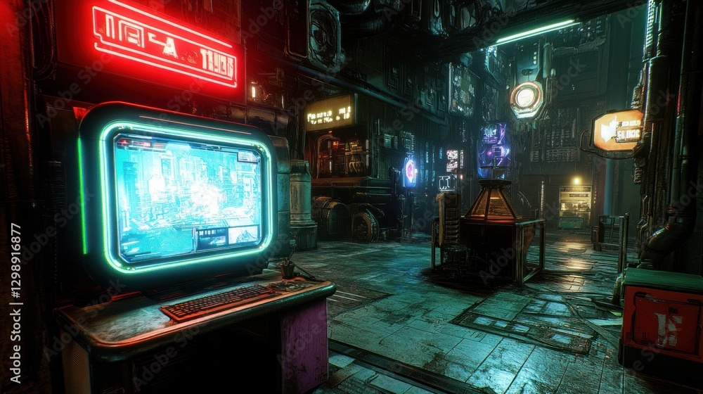Poster cyberpunk cityscape computer display in a dystopian urban environment