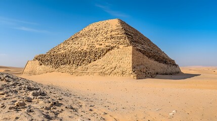 The magnificent ancient Egyptian pyramid rises majestically in the vast desert landscape under the golden desert sunlight