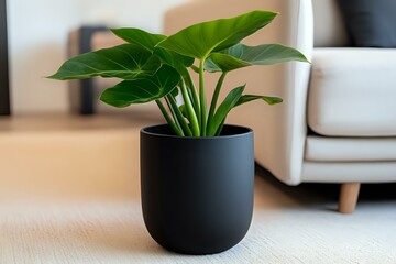Philodendron plant with glossy green leaves in modern black ceramic pot against minimal home interior setting with white furniture and neutral tones.