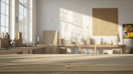 Light Wooden Tabletop Blurred Artists Studio Background
