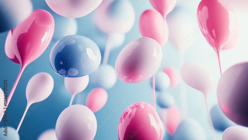 Poster colorful floating balloons in a dreamy abstract setting with a soft blue background and a playful li