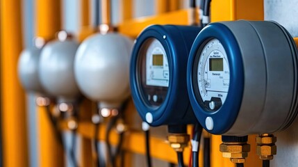 An array of cutting-edge pressure gauges is prominently displayed on a striking orange installation located in a dynamic industrial environment