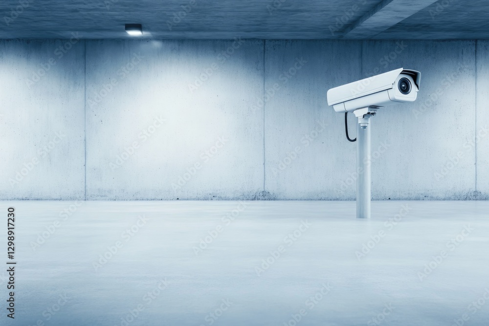 Poster minimalistic stock photo of sleek security camera mounted in empty parking garage symbolizing survei