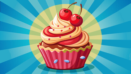 A cupcake with cherry cream and two red cherries on top