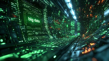 Fototapeta premium Abstract digital tunnel with glowing green data streams and information flows, representing big data and cyber technology in modern computing environment.