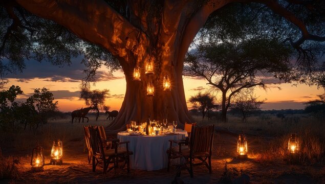Romantic African Savanna Sunset Dinner Under a Majestic Tree