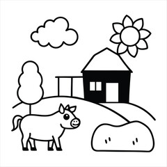 Cartoon Animal Sheep in a barn with flowers Vector Coloring page