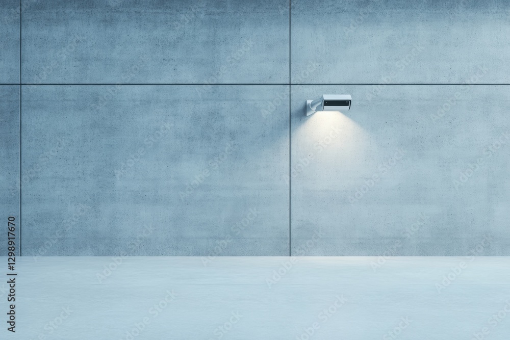 Poster minimalistic stock photo of sleek security camera mounted in empty parking garage symbolizing survei