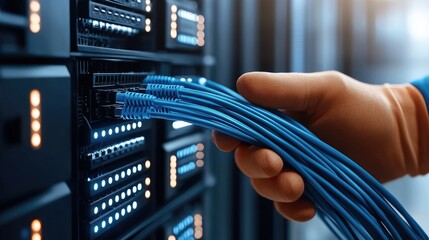 A technician is diligently working on a maintenance task, connecting blue network cables to a server located in a bustling data center