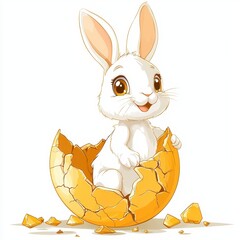 Whimsical Easter Bunny Emerging from a Cracked Golden Eggshell Digital Art Illustration