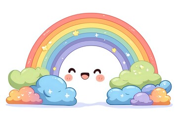 Cheerful kawaii rainbow with happy smiling face surrounded by colorful fluffy clouds and stars in pastel colors, isolated on white background for nursery decor and children designs.