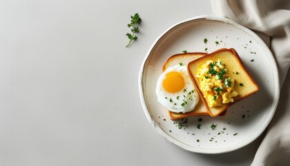 Classic breakfast plate with fried egg and scrambled egg toast on white plate with copy space