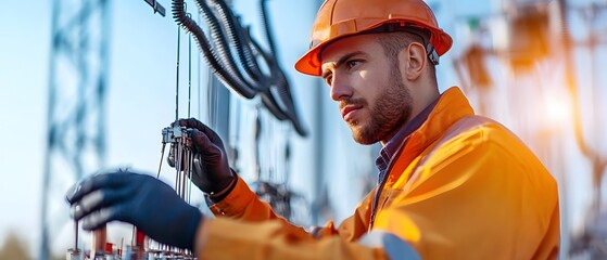 Electrical technician working on power lines urban area industrial scene daytime close-up safety and precision