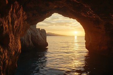 Golden Sunset View from a Sea Cave