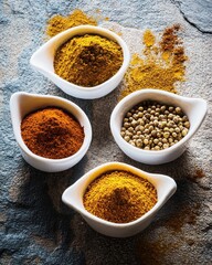 Various spices arranged in white bowls on a rustic surface showcasing vibrant colors and textures