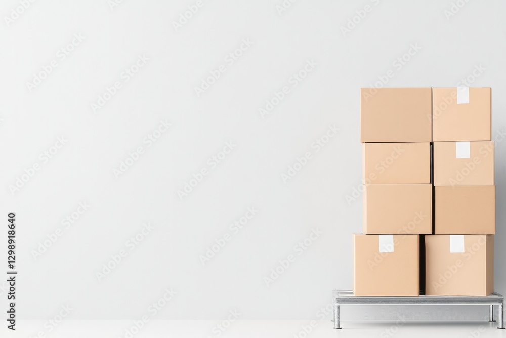 Poster minimalistic stock photo of stack of neatly labeled cardboard boxes on metal rack representing syste