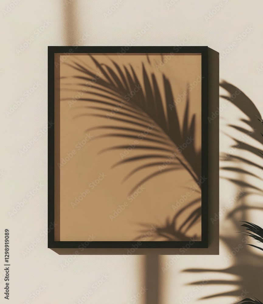 Aufkleber beige wall with palm leaf shadow in black frame and bordering design art print displaying shadow aes