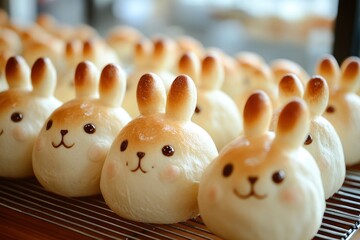 Rabbit-shaped bread, cute and round buns with little ears on top. Happy Easter Festival Concept, April 2025.