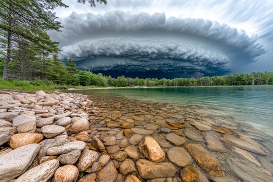 A storm rolling in over a vast lake, with dark clouds reflecting on the water&acirc;&euro;&trade;s surface