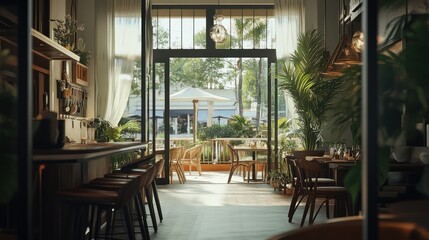 Obraz premium Sunny cafe interior with patio view
