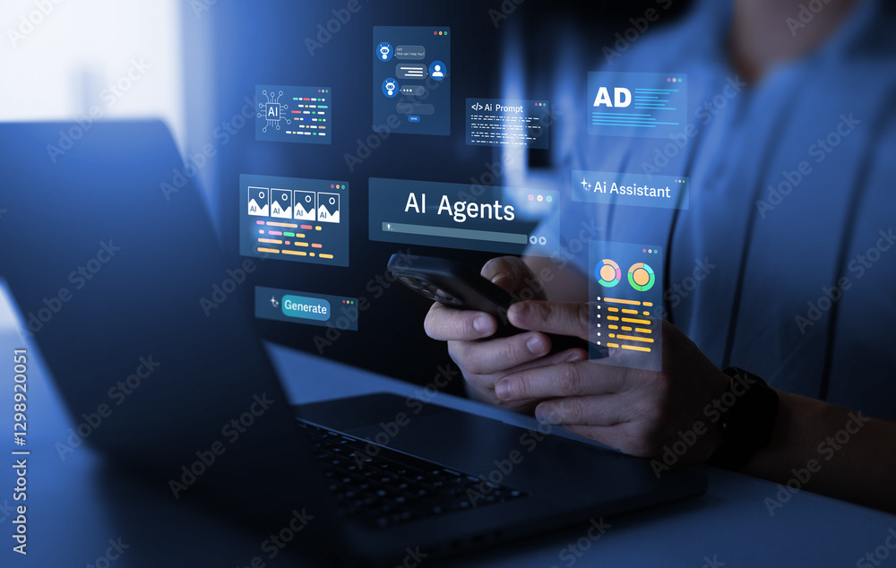 Poster Ai agent generator, documents, marketing and advertising, bot writing and coding.Interaction with the Ai assistant to solve some tasks more easily. Person using laptop with Ai Content Generator.