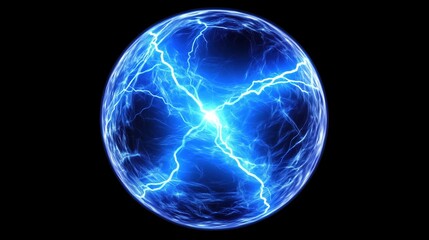 Fototapeta premium A glowing blue energy sphere with lightning bolts radiating from the center against a black background.