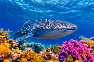 Fototapeta premium A whale shark peacefully swimming past a coral reef, its massive silhouette contrasting with the vibrant colors
