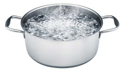 Boiling water bubbling in stainless steel pot with transparent background