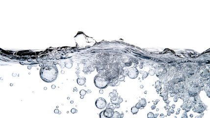 Transparent water wave with bubbles splashing and flowing