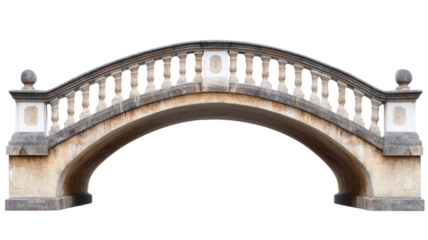 Old stone arch bridge with balustrade on transparent background