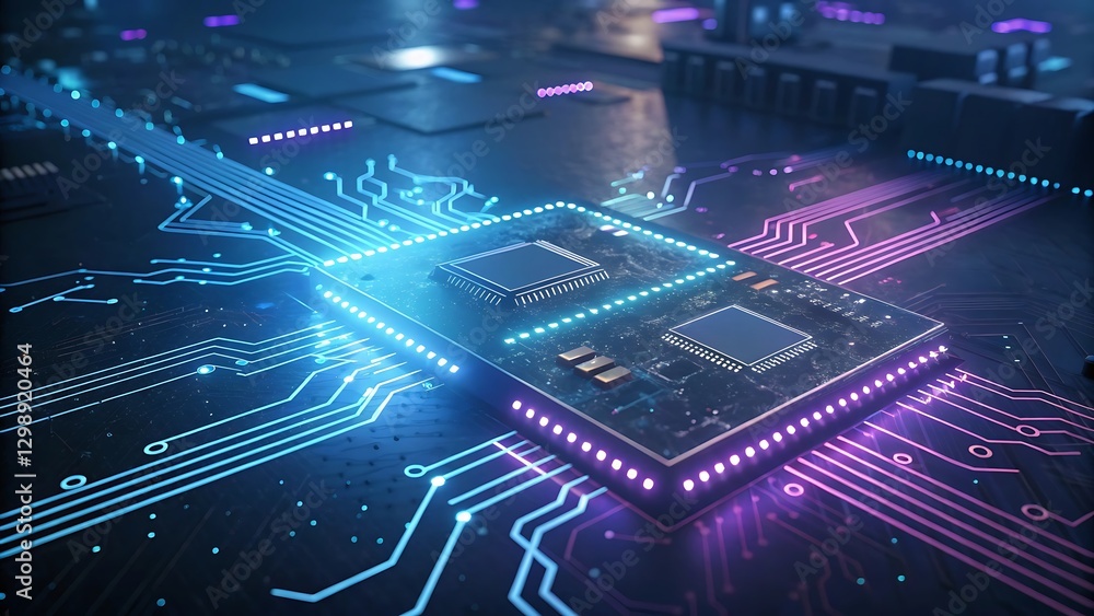 Poster close up of a computer processor with glowing circuits.