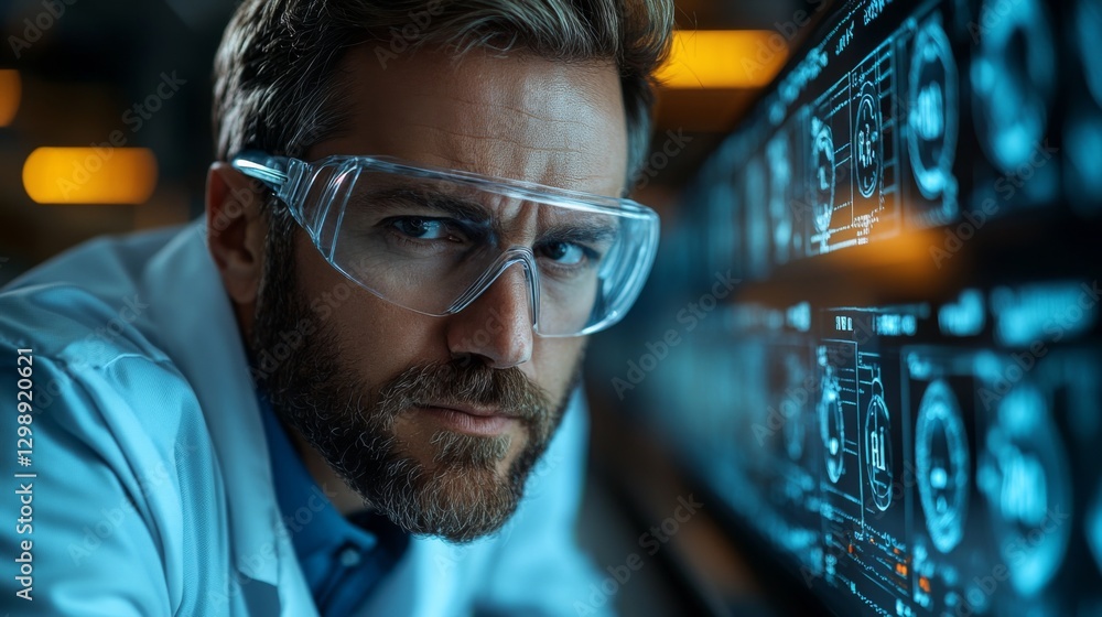 Poster A skilled engineer inspects intricate data displays within a modern manufacturing facility. Safety gear is worn as the focus is on advanced automation technology and engineering practices.