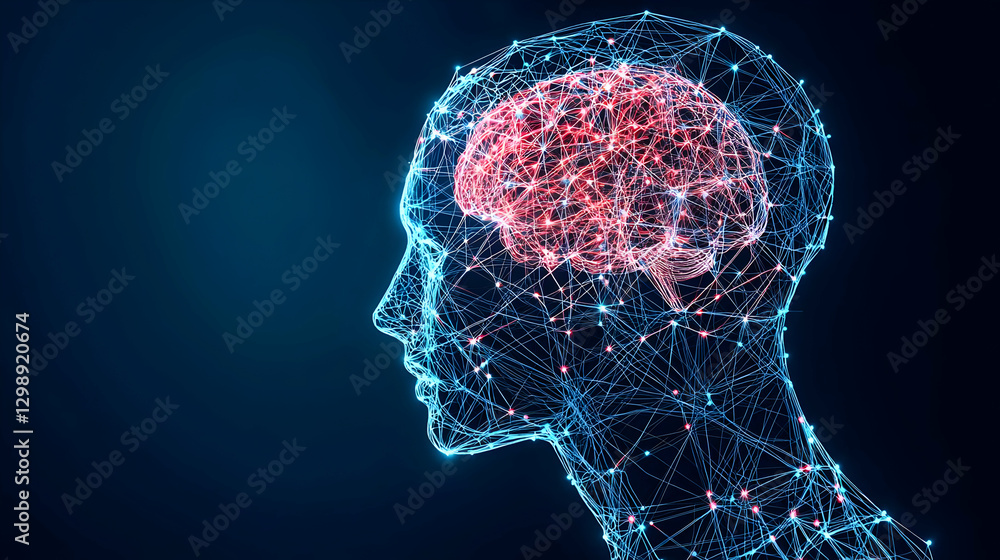 Poster digital brain silhouette with red illuminated inner structure on dark blue background