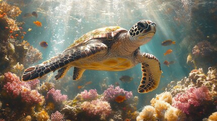 Fototapeta premium Sea Turtle Gracefully Swimming Amidst Vibrant Coral Reef