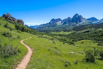 Naklejka premium A wide, open field with a single trail leading up a gently curving hill under a clear sky