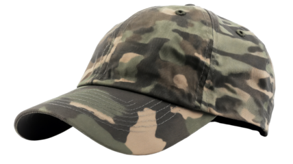 Camouflage baseball cap isolated on transparent background, perfect for hunters and military enthusiasts