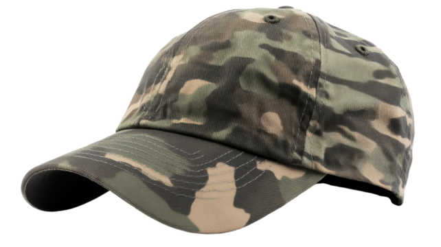 Camouflage baseball cap isolated on transparent background, perfect for hunters and military enthusiasts