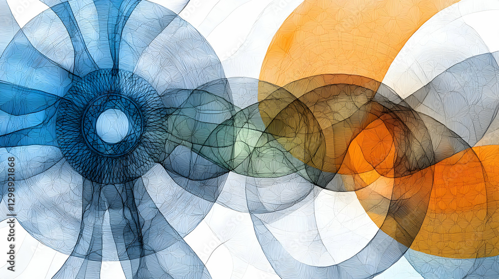 Poster abstract blue and orange overlapping circle pattern with textured effect on white background
