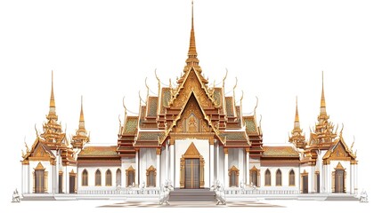 Fototapeta premium Traditional Thai Buddhist Temple with Ornate Golden Roof and Elegant Spires on Clean White Background