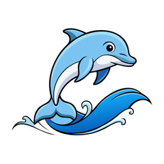 Naklejka premium A playful cartoon dolphin leaps gracefully above the crystal-clear ocean waves. creating a stunning scene of marine life in action.