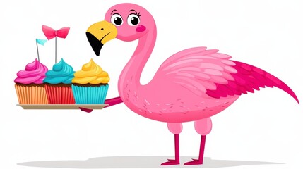 Fototapeta premium Cute Pink Flamingo Holding Colorful Cupcakes on a Tray