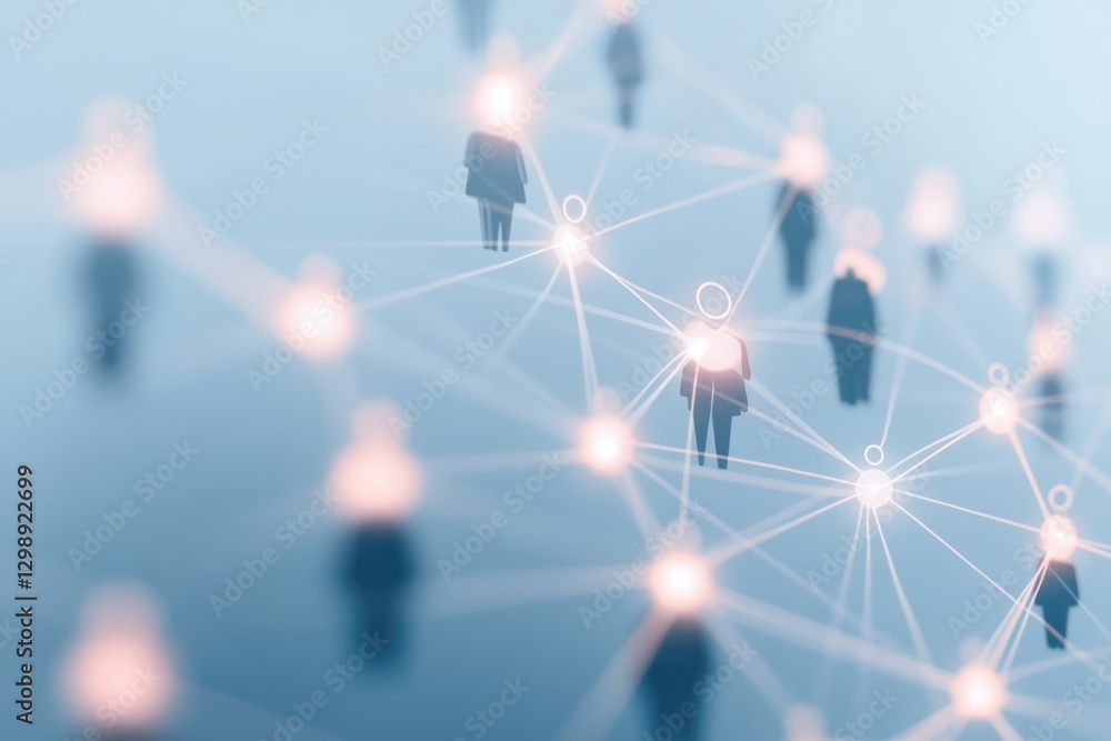 Poster minimalistic stock photo of abstract human figures interconnected by glowing digital lines symbolizi