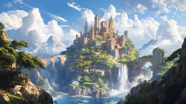 A vibrant fantasy landscape with waterfalls.