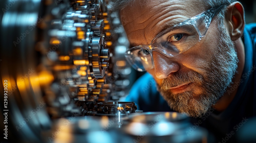 Poster an engineer in protective eyewear closely inspects intricate machinery components in a well-lit fact
