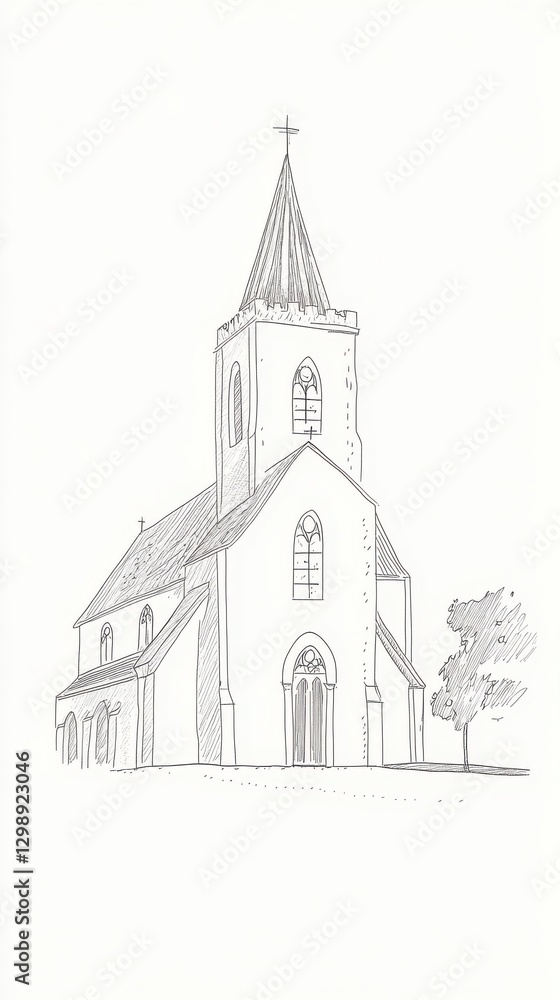 Poster black and white sketch of a church tower with surrounding trees and landscape elements for graphic d