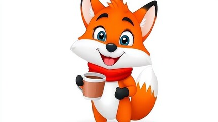 Obraz premium Cute Cartoon Fox Holding a Coffee Cup with a Cheerful Smile