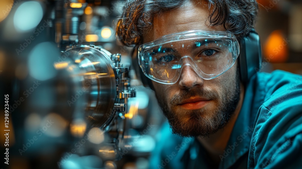 Fototapete a technician examines sophisticated equipment in a busy factory environment, wearing protective gear