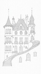 Obraz premium Black And White Sketch Of A Grand European Style House With Detailed Facade And Stairs And A Balcony And A Courtyard with Windows and A Roof and Chimneys and Towers and Arches and Ornate Design