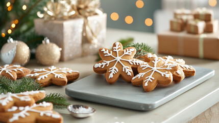 Delicious gingerbread cookies decorated as snowflakes on a festive table during the holiday season